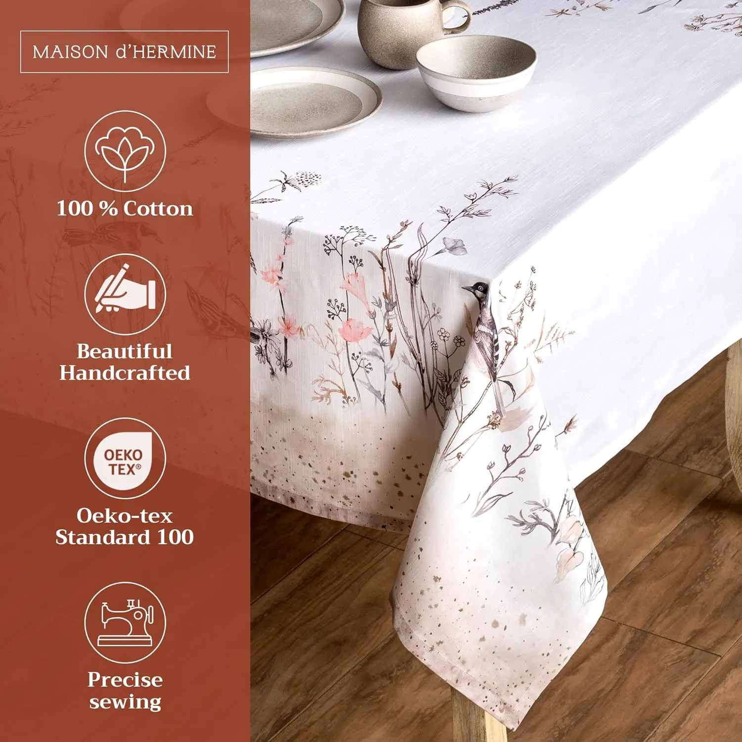 Maison d'Hermine Table Cloth Square Table 100% Cotton 60 x 60 Inches Tablecloth Reusable Decorative for Dining Room, Farmhouse, Home, Party, Festive & Wedding Spring Summer - Meadow Florals - Brown
