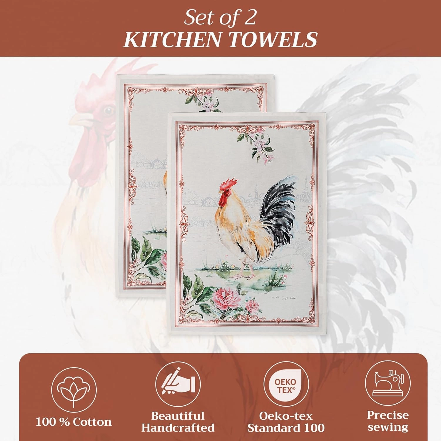 Maison d' Hermine 100% Cotton Kitchen Towel Campagne Set of 2 Super Soft Highly Absorbent Hotel Quality Quick Drying Cleaning Dishcloth Tea Bar Towels Spring/Summer (Coq, 20"x27.50")