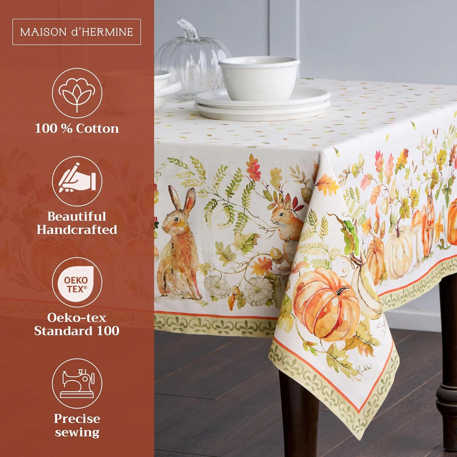 Maison d' Hermine Table Cloth Rectangle Table 100% Cotton 60 x 108 Inches Tablecloth Reusable Decorative Everyday Use for Dining Room, Farmhouse, Home, Party, Festive & Wedding - Pumpkin Passion