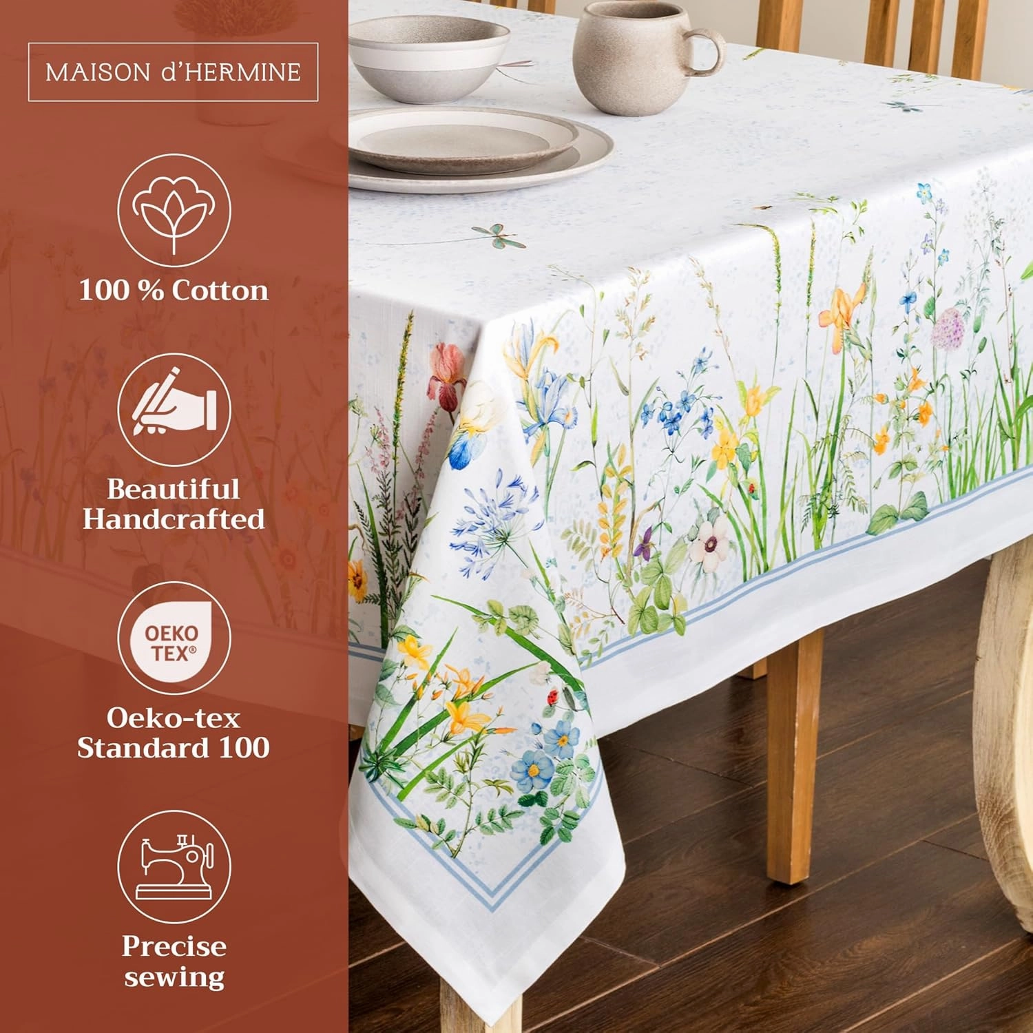 Maison d'Hermine Table Cloth Rectangle Table 100% Cotton 54 x 72 Inches Tablecloth Reusable Decorative for Dining Room, Farmhouse, Home, Party, Festive & Wedding Spring Summer - Fleurs De Mai