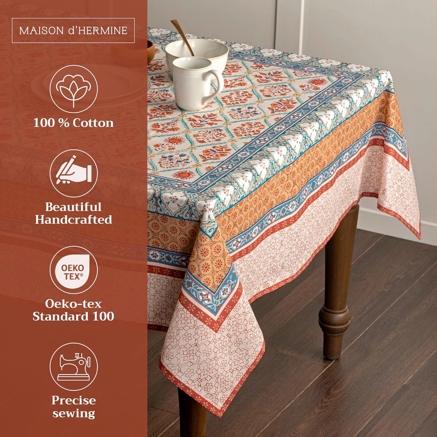 Maison d'Hermine Table Cloth Square Table 100% Cotton 60 x 60 Inches Tablecloth Reusable Decorative Everyday Use for Dining Room, Farmhouse, Home, Party, Festive & Wedding - Romane