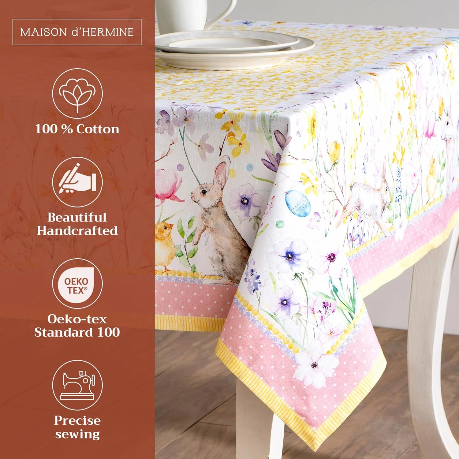 Maison d'Hermine Table Cloth Square Table 100% Cotton 60 x 60 Inches Tablecloth Reusable Decorative Everyday Use for Dining Room, Farmhouse, Home, Party, Festive & Wedding Spring Summer - Easter Zest