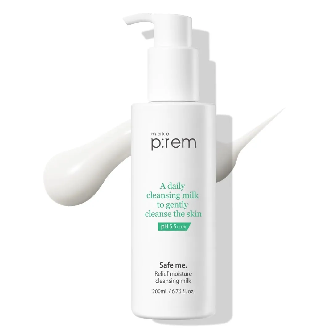 MAKE P:REM Safe Me. Relief Moisture Cleansing Milk, Hydrating Gentle Facial Cleanser for Sensitive Skin with Soy Protein, Korean Face Wash, Korean Skin Care, 6.76 fl.oz., 200ml