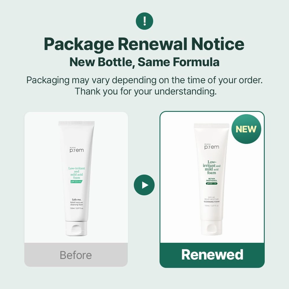 MAKE P:REM Safe Me. Relief Moisture Cleansing Foam, Delicate Eye-Friendly Face Wash, pH Balanced Deep Pore Cleansing, Korean Skin Care, 150ml, 5.07 Fl.Oz.