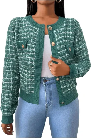 MakeMeChic Women's Plaid Print Crew Neck Button Down Long Sleeve Cardigan Sweater