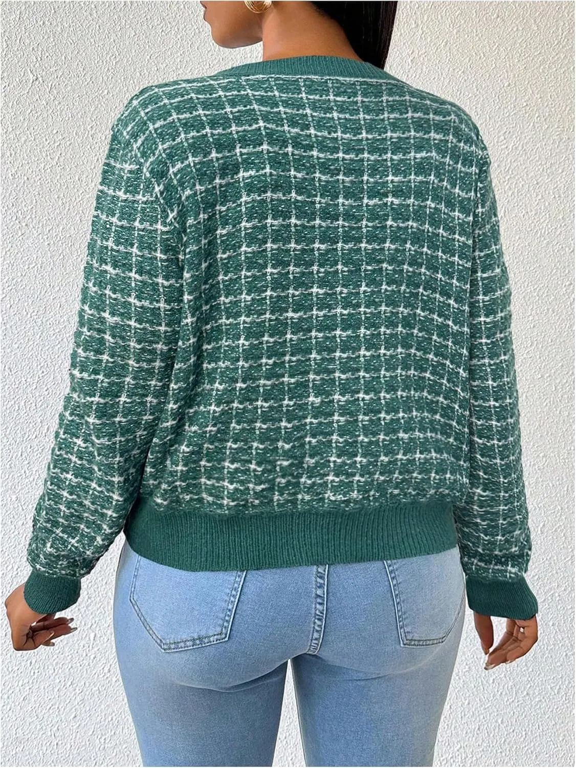 MakeMeChic Women's Plaid Print Crew Neck Button Down Long Sleeve Cardigan Sweater
