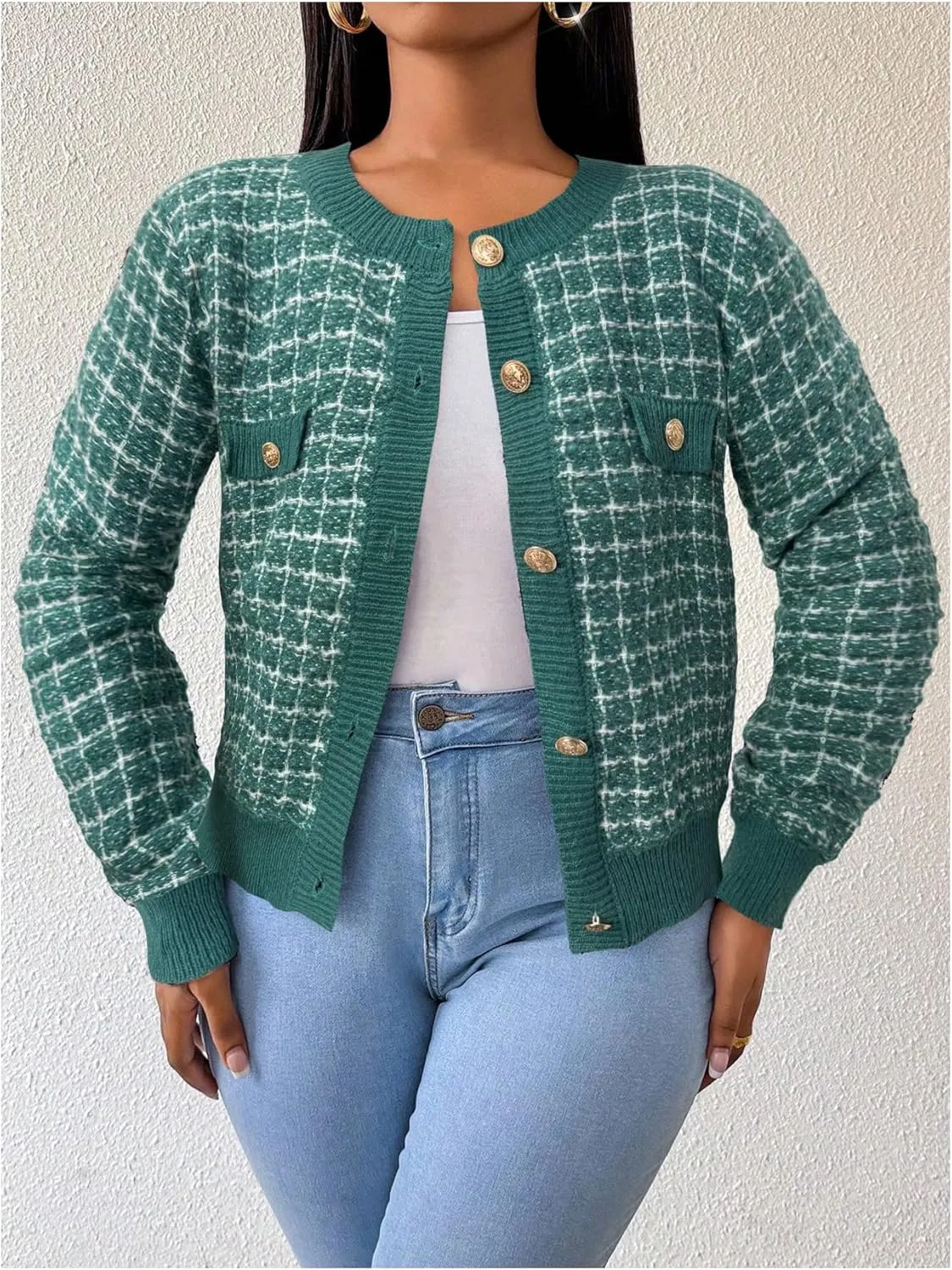MakeMeChic Women's Plaid Print Crew Neck Button Down Long Sleeve Cardigan Sweater