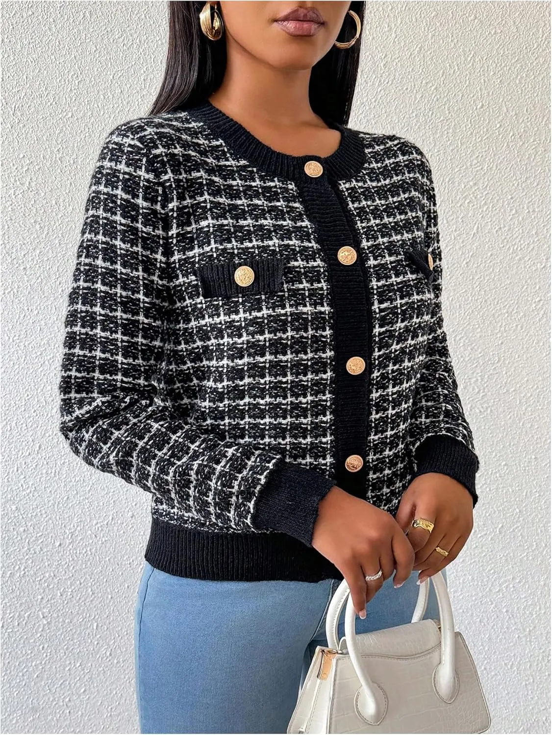 MakeMeChic Women's Plaid Print Crew Neck Button Down Long Sleeve Cardigan Sweater