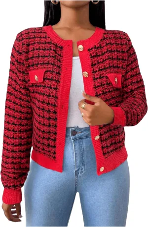 MakeMeChic Women's Plaid Print Crew Neck Button Down Long Sleeve Cardigan Sweater