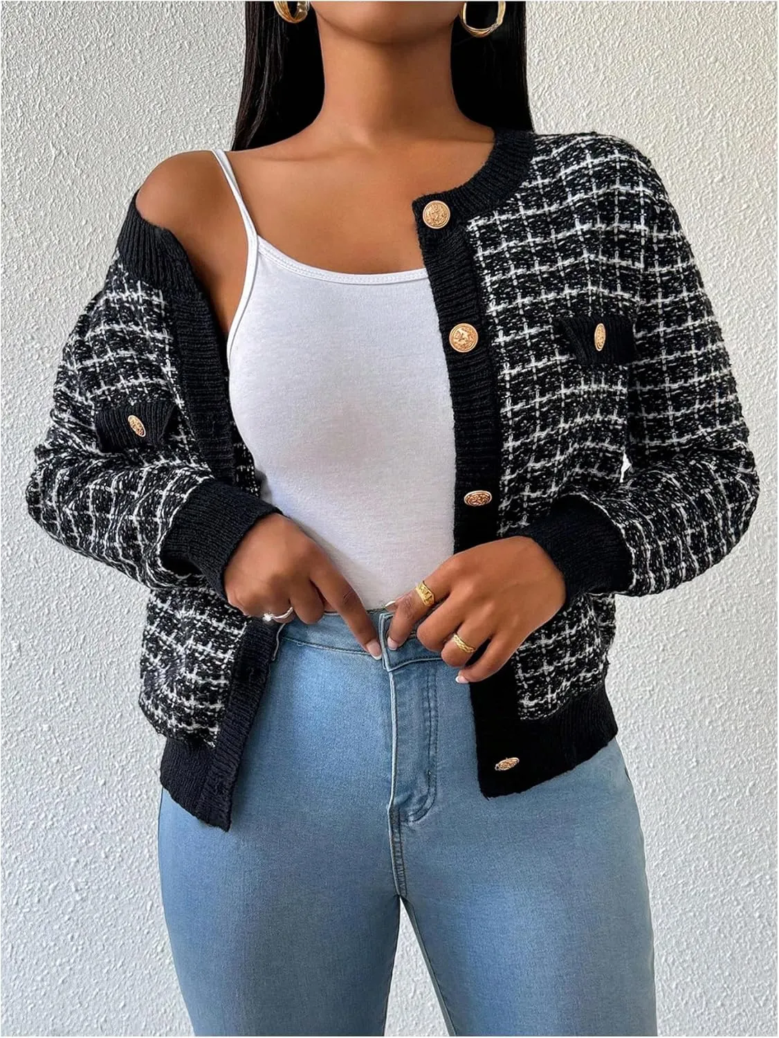 MakeMeChic Women's Plaid Print Crew Neck Button Down Long Sleeve Cardigan Sweater