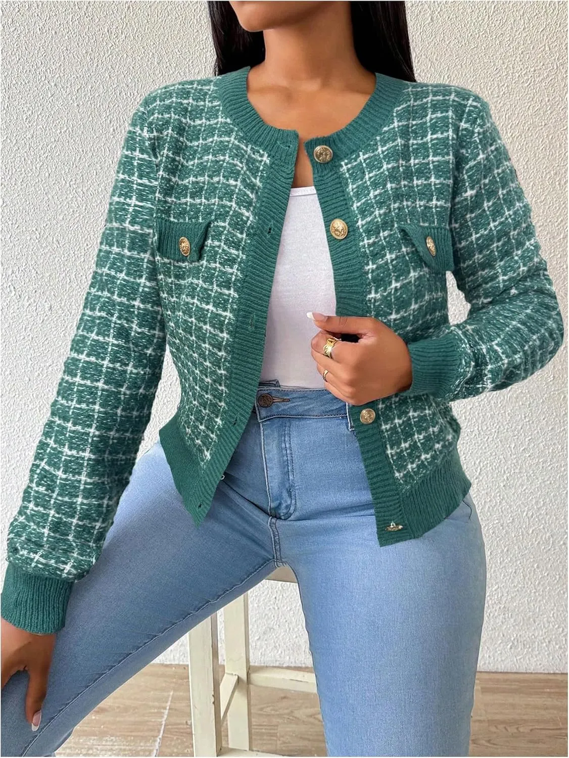MakeMeChic Women's Plaid Print Crew Neck Button Down Long Sleeve Cardigan Sweater