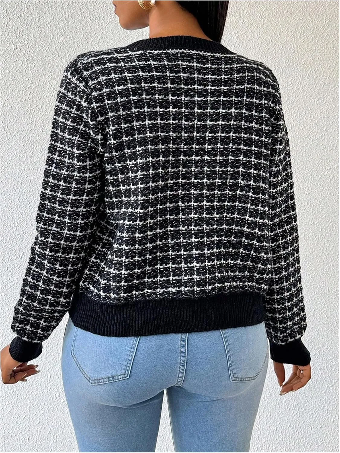 MakeMeChic Women's Plaid Print Crew Neck Button Down Long Sleeve Cardigan Sweater
