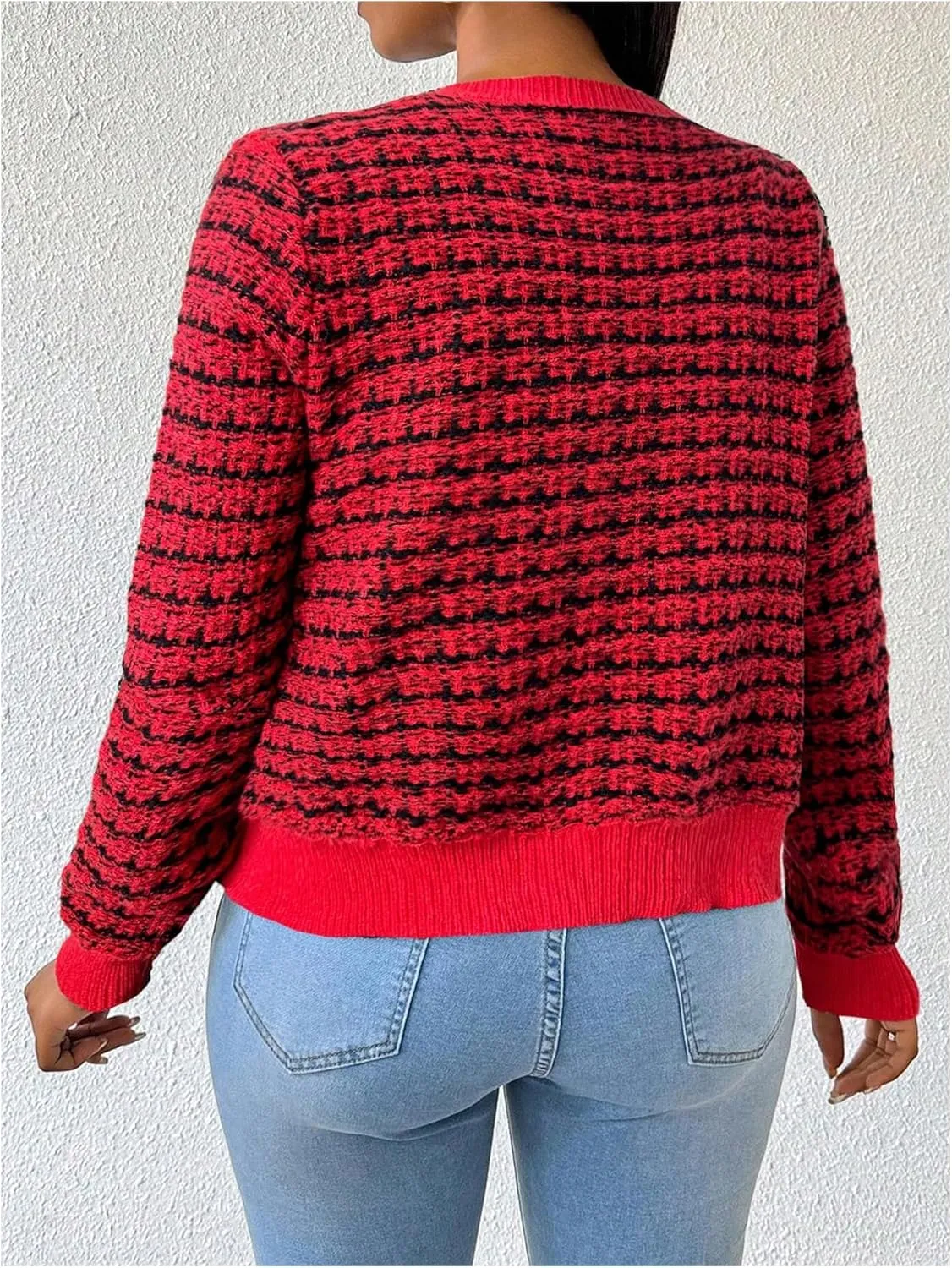 MakeMeChic Women's Plaid Print Crew Neck Button Down Long Sleeve Cardigan Sweater