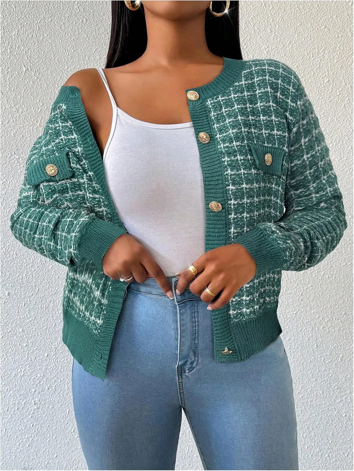 MakeMeChic Women's Plaid Print Crew Neck Button Down Long Sleeve Cardigan Sweater