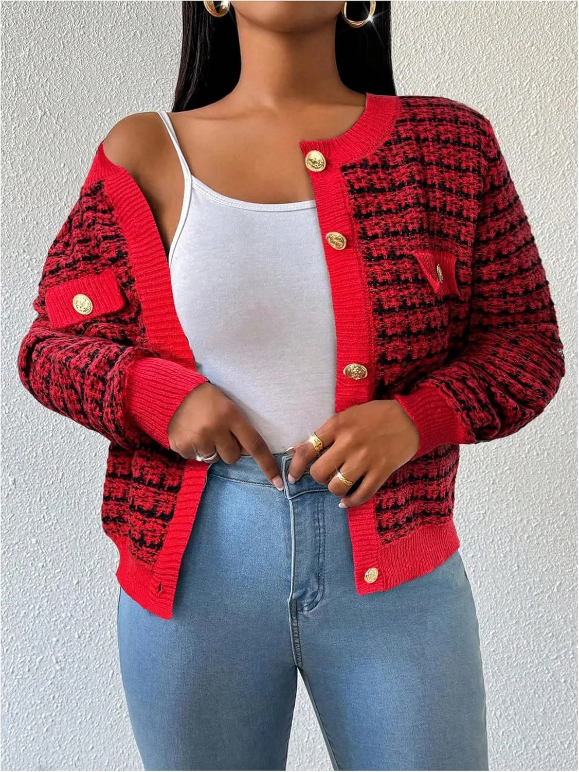 MakeMeChic Women's Plaid Print Crew Neck Button Down Long Sleeve Cardigan Sweater