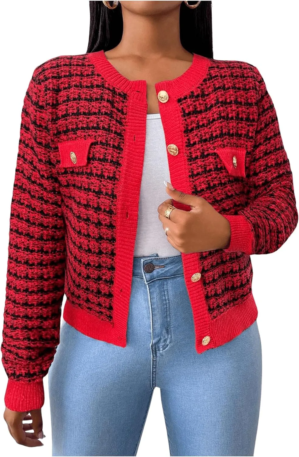 MakeMeChic Women's Plaid Print Crew Neck Button Down Long Sleeve Cardigan Sweater