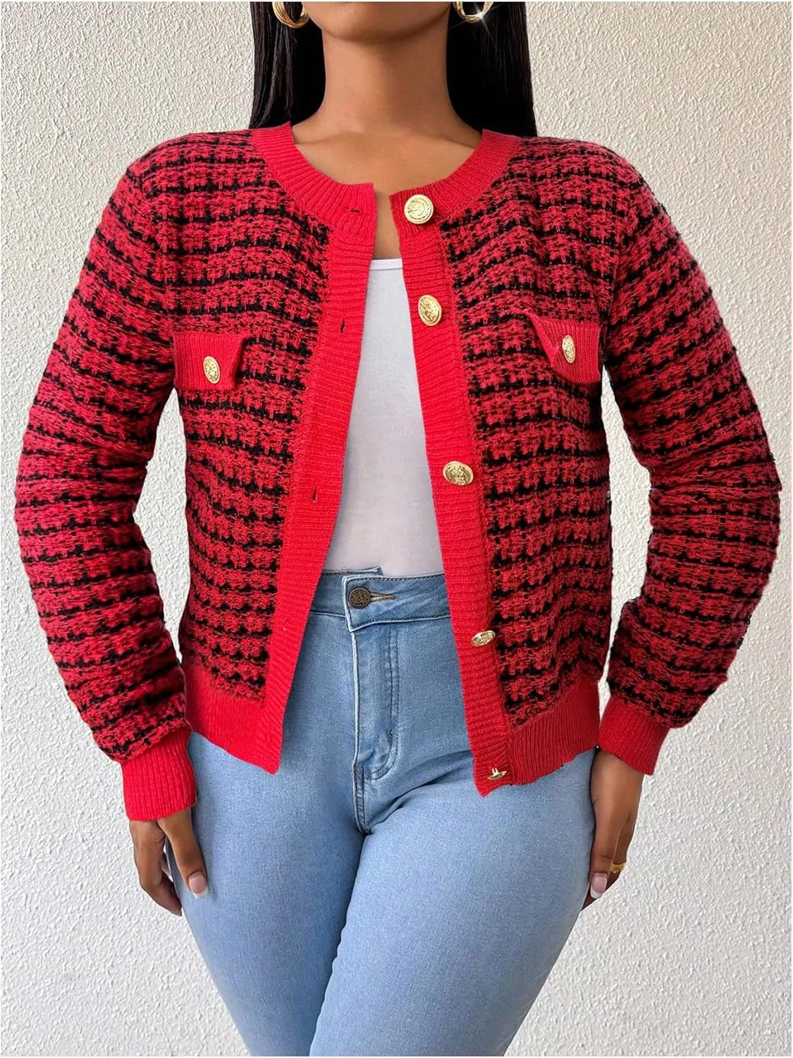 MakeMeChic Women's Plaid Print Crew Neck Button Down Long Sleeve Cardigan Sweater