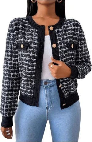 MakeMeChic Women's Plaid Print Crew Neck Button Down Long Sleeve Cardigan Sweater