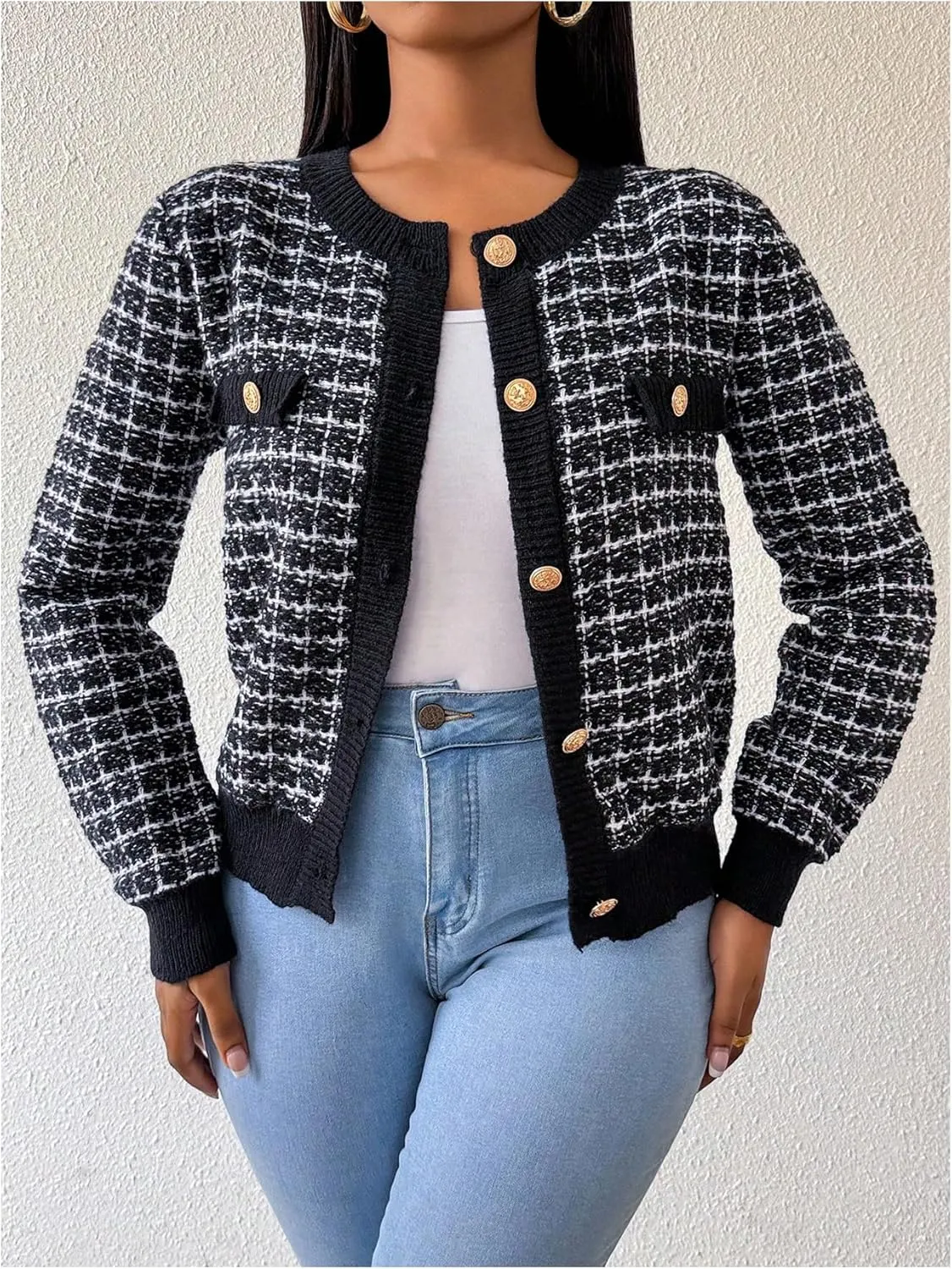 MakeMeChic Women's Plaid Print Crew Neck Button Down Long Sleeve Cardigan Sweater