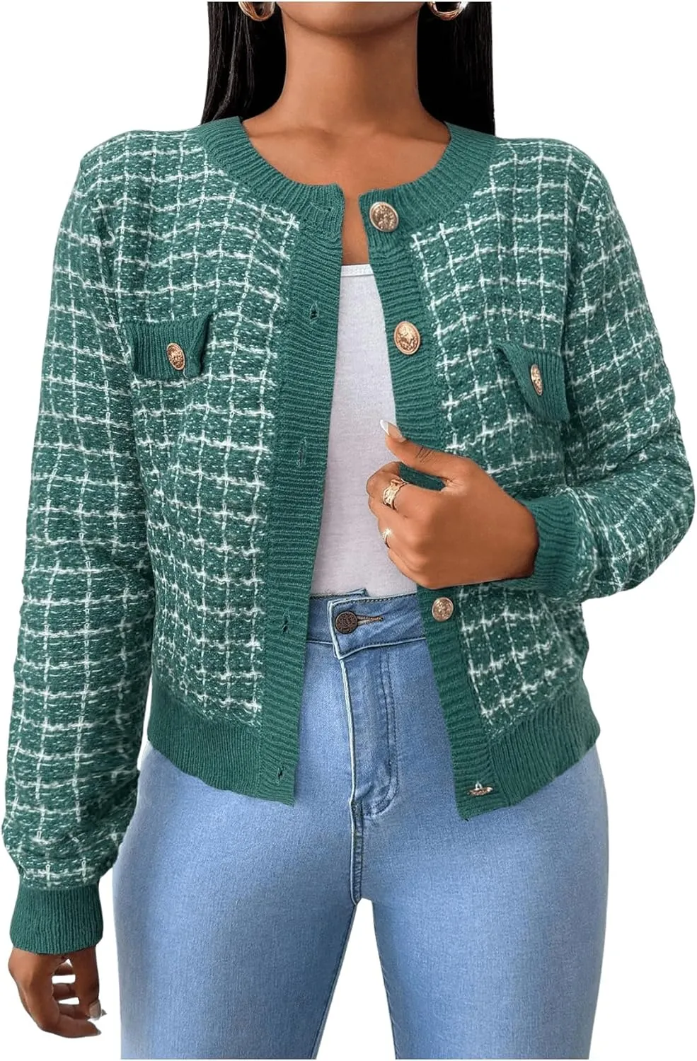 MakeMeChic Women's Plaid Print Crew Neck Button Down Long Sleeve Cardigan Sweater
