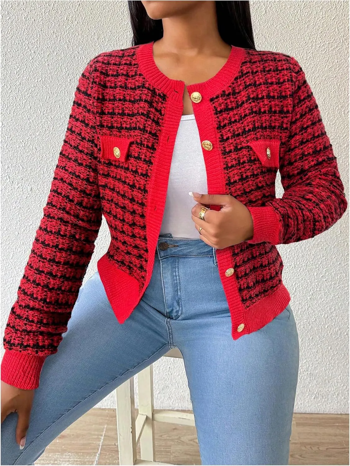 MakeMeChic Women's Plaid Print Crew Neck Button Down Long Sleeve Cardigan Sweater