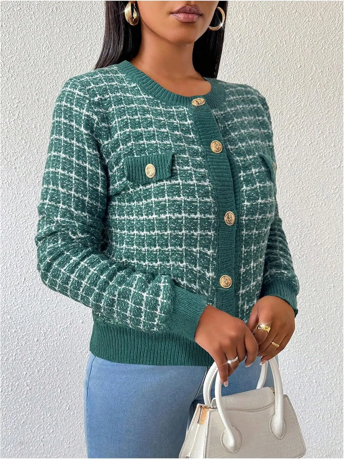 MakeMeChic Women's Plaid Print Crew Neck Button Down Long Sleeve Cardigan Sweater
