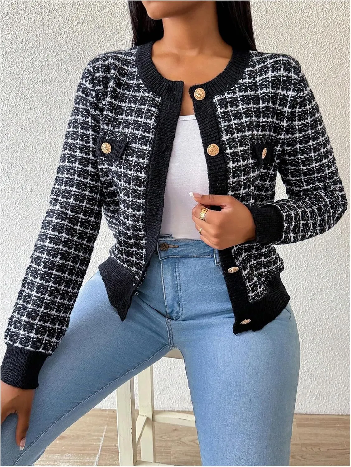 MakeMeChic Women's Plaid Print Crew Neck Button Down Long Sleeve Cardigan Sweater