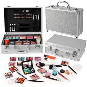 Makeup Kit for Teenager & Women Full Kit, All- In- One Makeup Set With The Cosmetic Train Case, Professional Makeup Kit, Makeup Gift Set for Women Girls(silver)