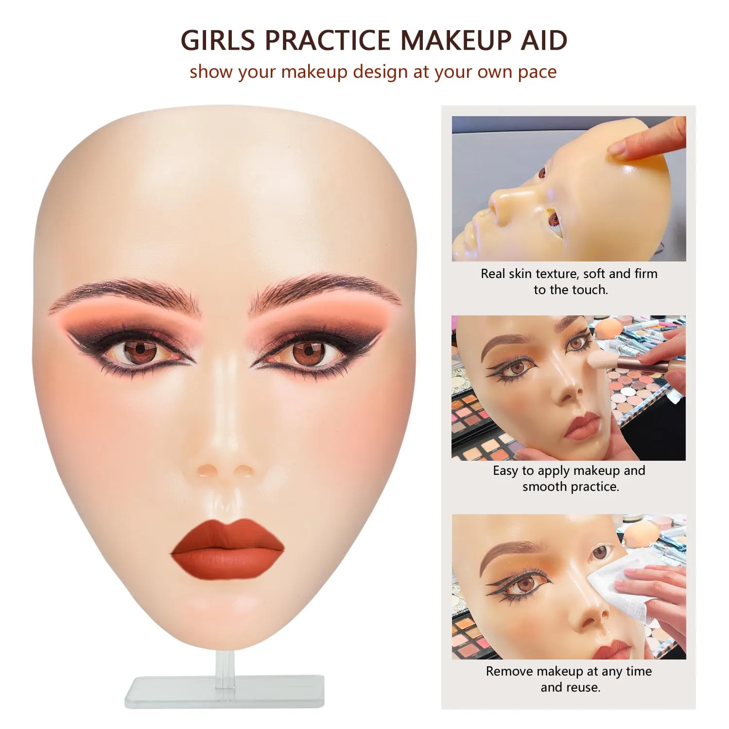 Makeup Mannequin Face with Practice Board, 5D Silicone Full Face Practice Eyelash Eye Shadow, for Emerging Makeup Artist, Beginners, Girl's Gift (Yellow)