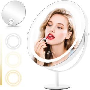 Makeup Mirror with Lights, 1x/10x Vanity Mirror with Lights and Magnification, 3 Color Modes, Brightness Adjustable, Smart Touch Control, Large Round Vanity Mirror with Stand, 13 Inches Diameter