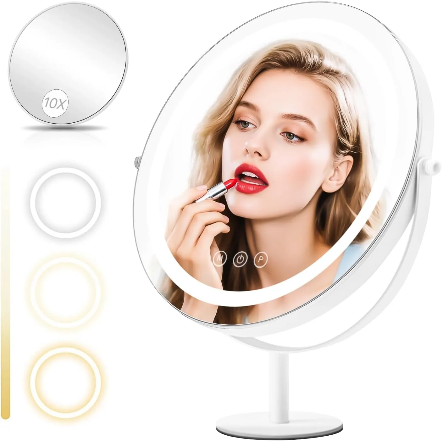 Makeup Mirror with Lights, 1x/10x Vanity Mirror with Lights and Magnification, 3 Color Modes, Brightness Adjustable, Smart Touch Control, Large Round Vanity Mirror with Stand, 13 Inches Diameter