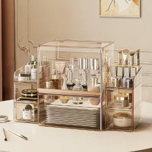 Makeup Organizer with Lid Drawers Translucent Skincare Holder Large Capacity Cosmetics Countertop Storage Box for Vanity Easy Visibility Dustproof (Gold Clear,Large   Brush   Cream Organizer)