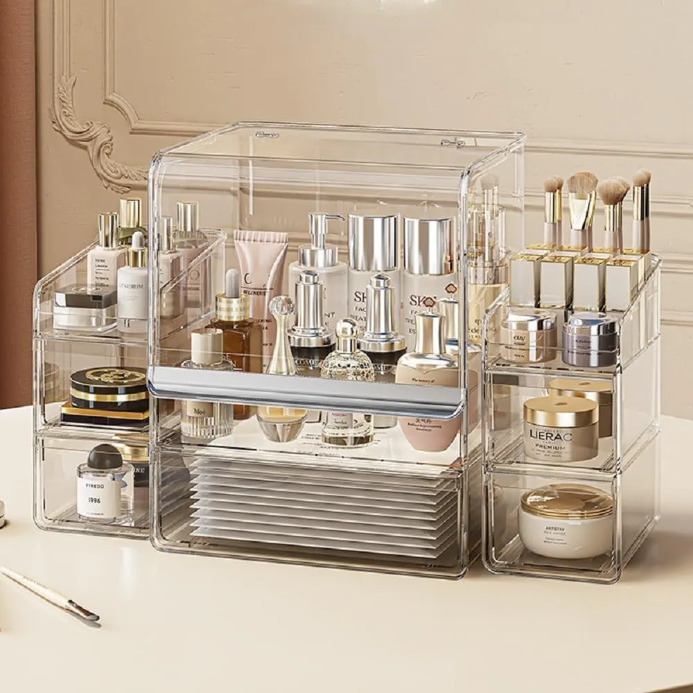 Makeup Organizer with Lid Drawers Translucent Skincare Holder Large Capacity Cosmetics Countertop Storage Box for Vanity Easy Visibility Dustproof (Silver Clear,Large   Brush   Cream Organizer)