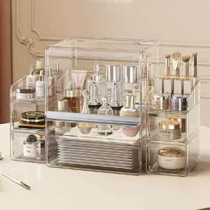 Makeup Organizer with Lid Drawers Translucent Skincare Holder Large Capacity Cosmetics Countertop Storage Box for Vanity Easy Visibility Dustproof (Silver Clear,Large   Brush   Cream Organizer)