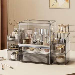 Makeup Organizer with Lid Drawers Translucent Skincare Holder Large Capacity Cosmetics Countertop Storage Box for Vanity Easy Visibility Dustproof (Silver Dark,Large   Brush   Cream Organizer)