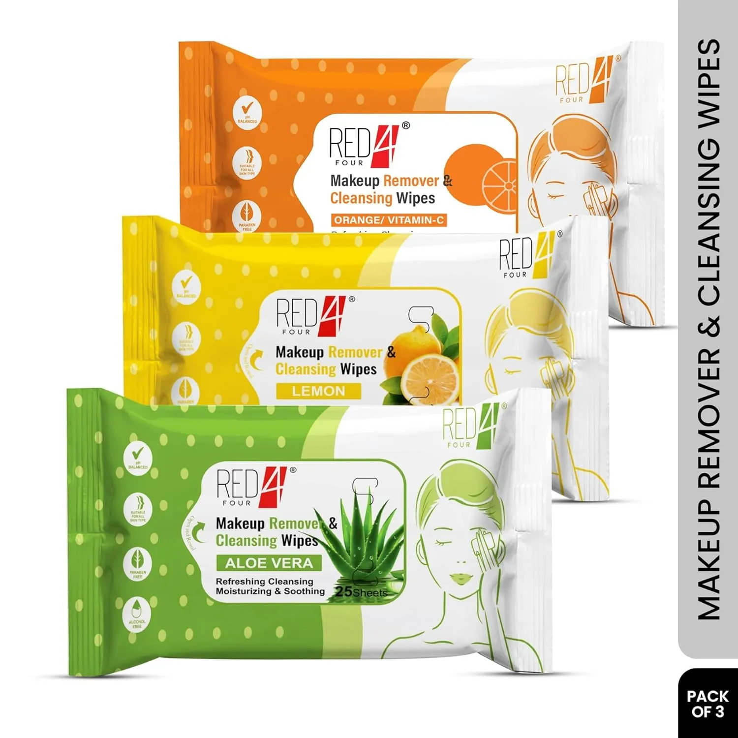 Makeup Remover & Cleansing Wipes | Paraben-Free |25 Sheets for Refreshing, Cleansing Moisturizing & Soothing Skin (Pack of 3, Aloe Vera Lemon Orange)