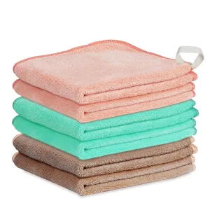 Makeup Remover Cloth 12 x 12 Inch, Reusable Makeup Remover Towels for Washing Face, 6 Pack Washable Microfiber Face Cloth Fast Drying Washcloth, Brown/Coral/Green