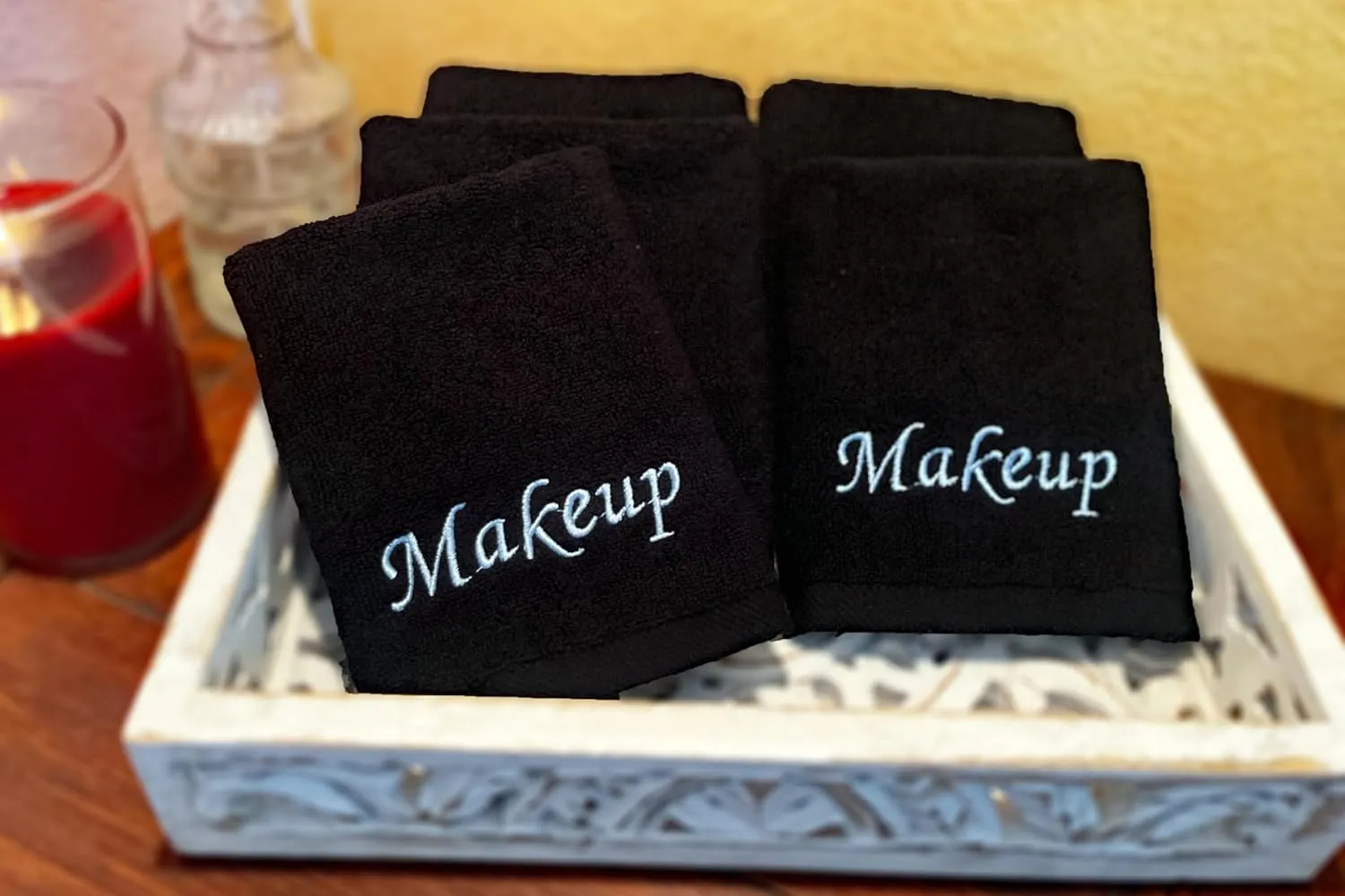 Makeup Remover Eraser Cloths. Reusable towel set. Facial Cleansing washcloths. 100% Cotton. Set of five. (Black & Blue Embroidery, 13 X 13)