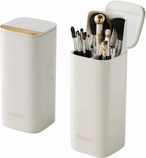 Makeup Brush Holder with Lid,One Touch Open 4 Slot Makeup Brush Case with Waterproof Dustproof,Brushes Storage Holder for Vanity, Dresser, Desk (White)