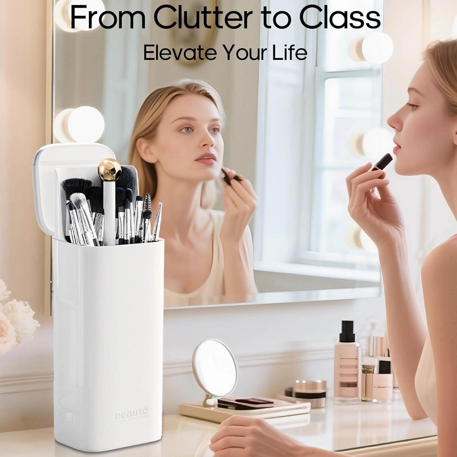 Makeup Brush Holder with Lid,One Touch Open 4 Slot Makeup Brush Case with Waterproof Dustproof,Brushes Storage Holder for Vanity, Dresser, Desk (White)