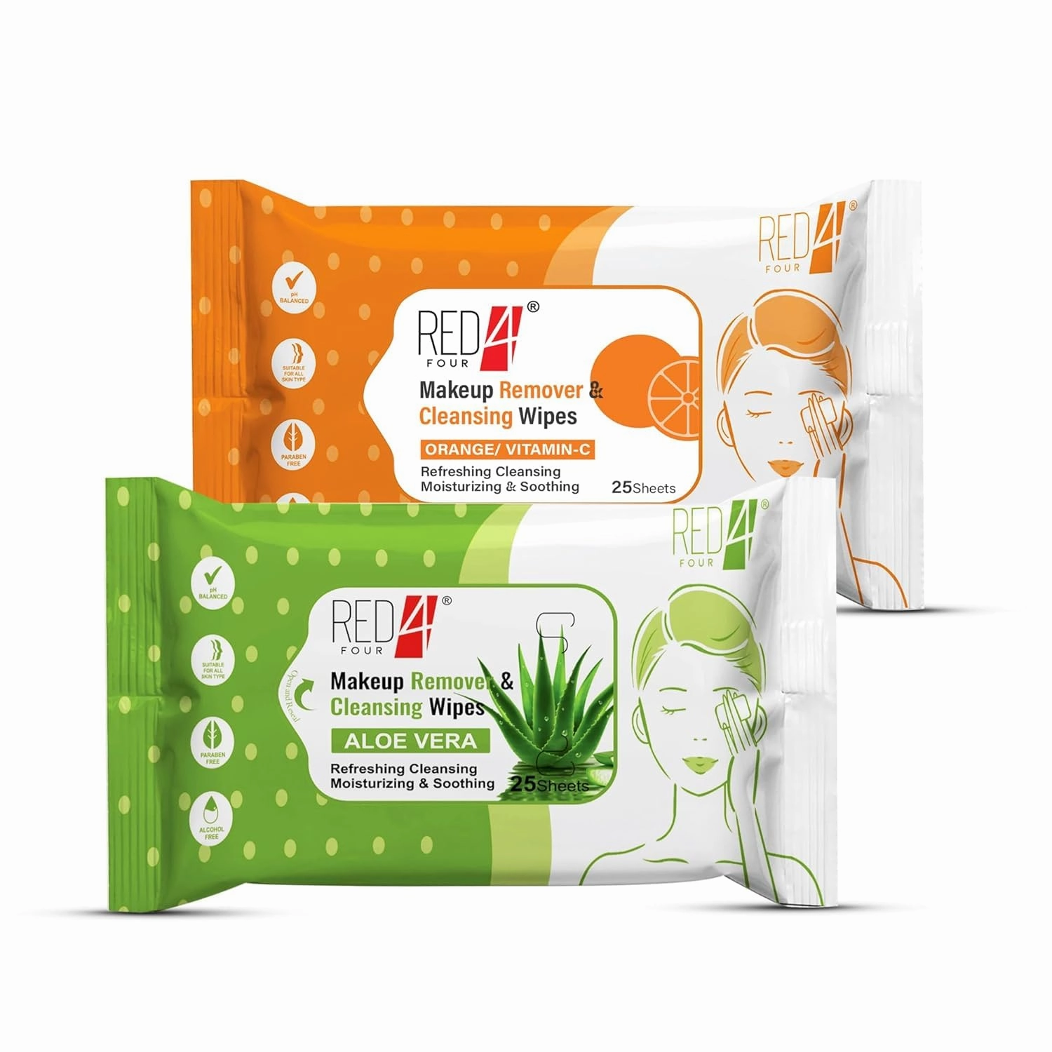 Makeup Remover & Cleansing Wipes | Paraben-Free | 25 Sheets for Refreshing, Cleansing Moisturizing & Soothing Skin (Aloe-Vera   Orange) Pack of 2