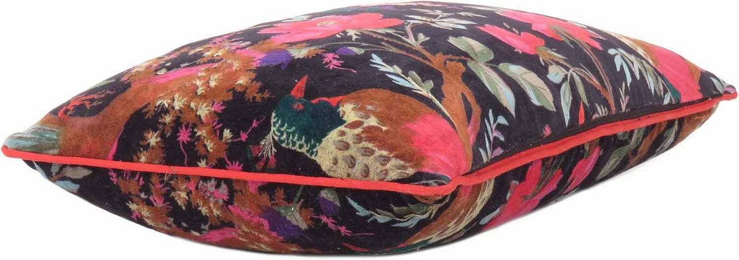 Mam Treasures Velvet Floral Flower Bird Throw Pillow Sofa Cushion Cover Case Couch Bohemian Accent Colorful Boho Chic Indian Handmade Cover Only (12X20 Inches, Black)