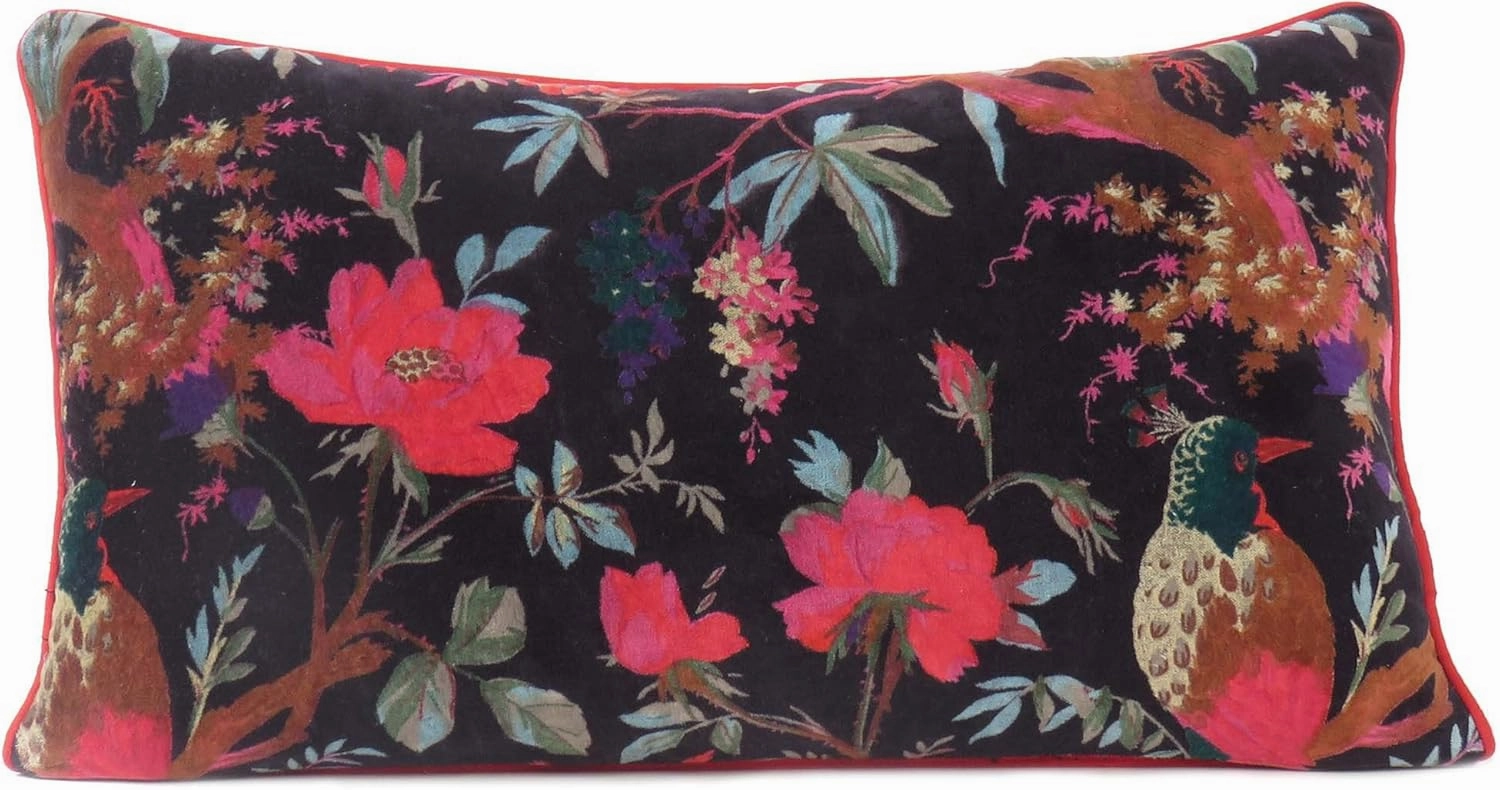 Mam Treasures Velvet Floral Flower Bird Throw Pillow Sofa Cushion Cover Case Couch Bohemian Accent Colorful Boho Chic Indian Handmade Cover Only (12X20 Inches, Black)