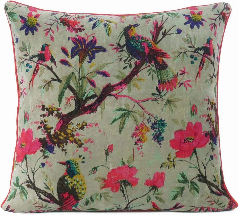 Mam Treasures Velvet Floral Flower Bird Throw Pillow Sofa Cushion Cover Case Couch Bohemian Accent Colorful Boho Chic Indian Handmade Cover Only (16X16 Inches, Olive)