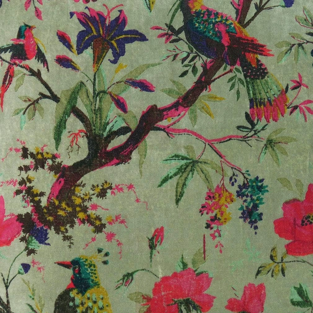 Mam Treasures Velvet Floral Flower Bird Throw Pillow Sofa Cushion Cover Case Couch Bohemian Accent Colorful Boho Chic Indian Handmade Cover Only (16X16 Inches, Olive)