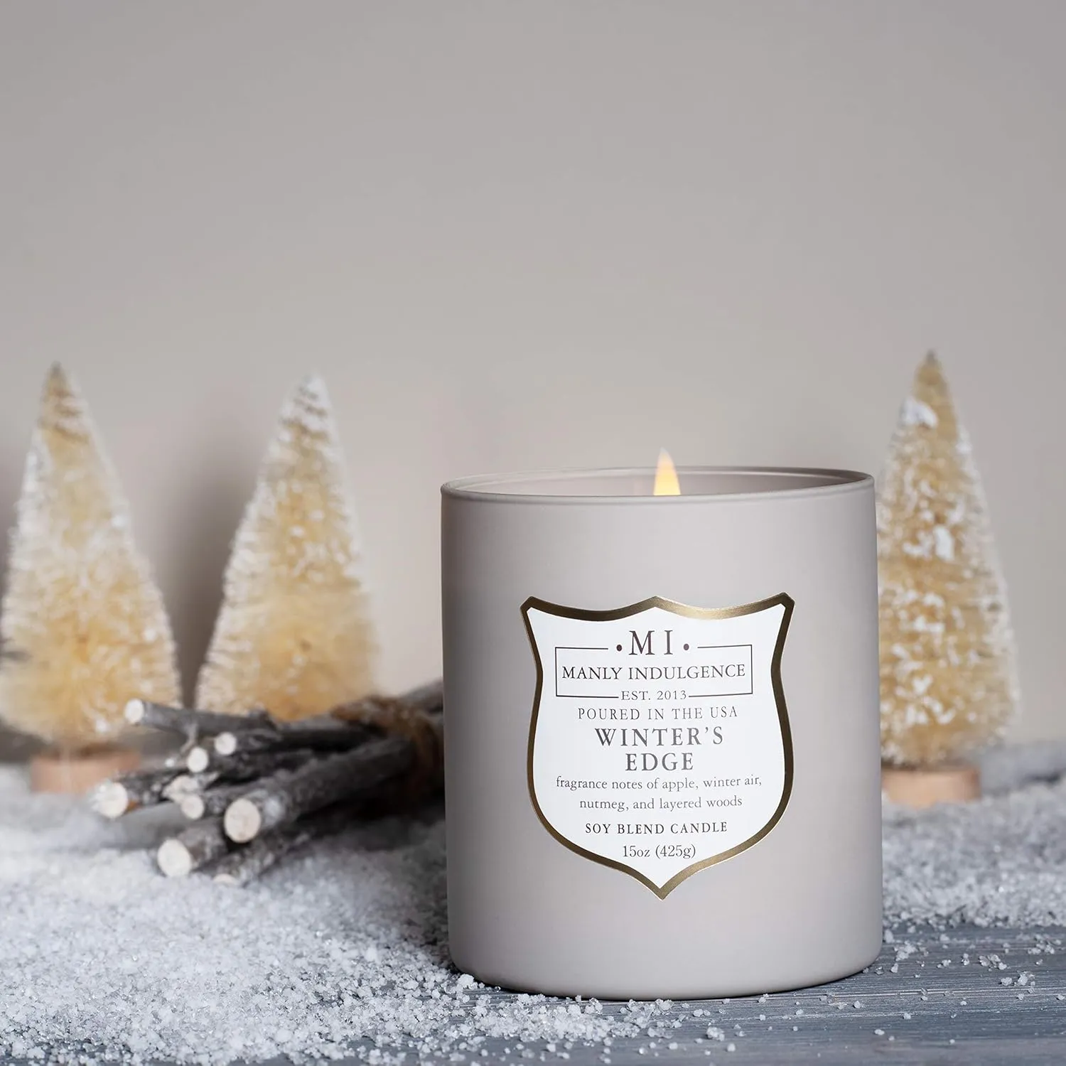 Manly Indulgence Winters Edge Scented Jar Candle, Wood Wick, Premium Soy Blend White Wax, 60 hr Burn, Matte Gray Jar Candle for Home and Men, 15 oz - USA Poured