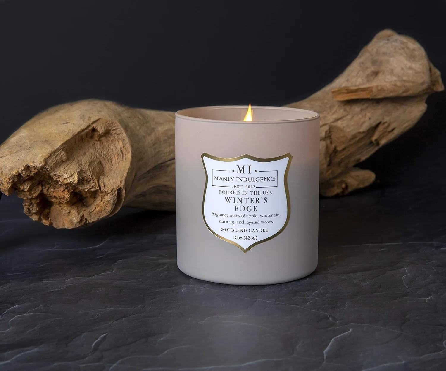 Manly Indulgence Winters Edge Scented Jar Candle, Wood Wick, Premium Soy Blend White Wax, 60 hr Burn, Matte Gray Jar Candle for Home and Men, 15 oz - USA Poured