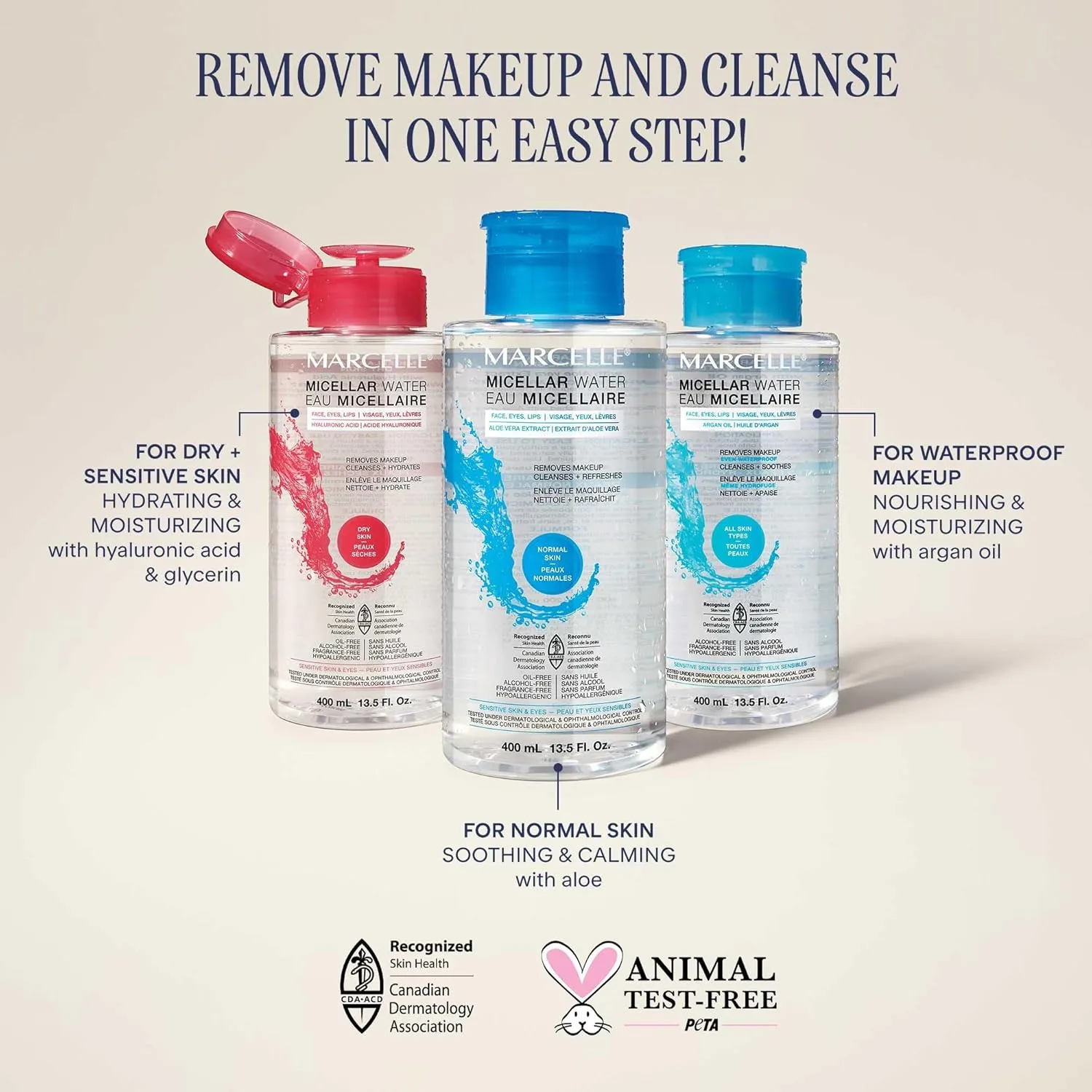 Marcelle Micellar Water, Waterproof, All Skin Types, Long-Lasting Makeup Remover, Argan Oil, Sensitive Skin and Eyes, Alcohol-Free, Fragrance-Free, Hypoallergenic, Cruelty-Free, 13.5 Fl. Oz.