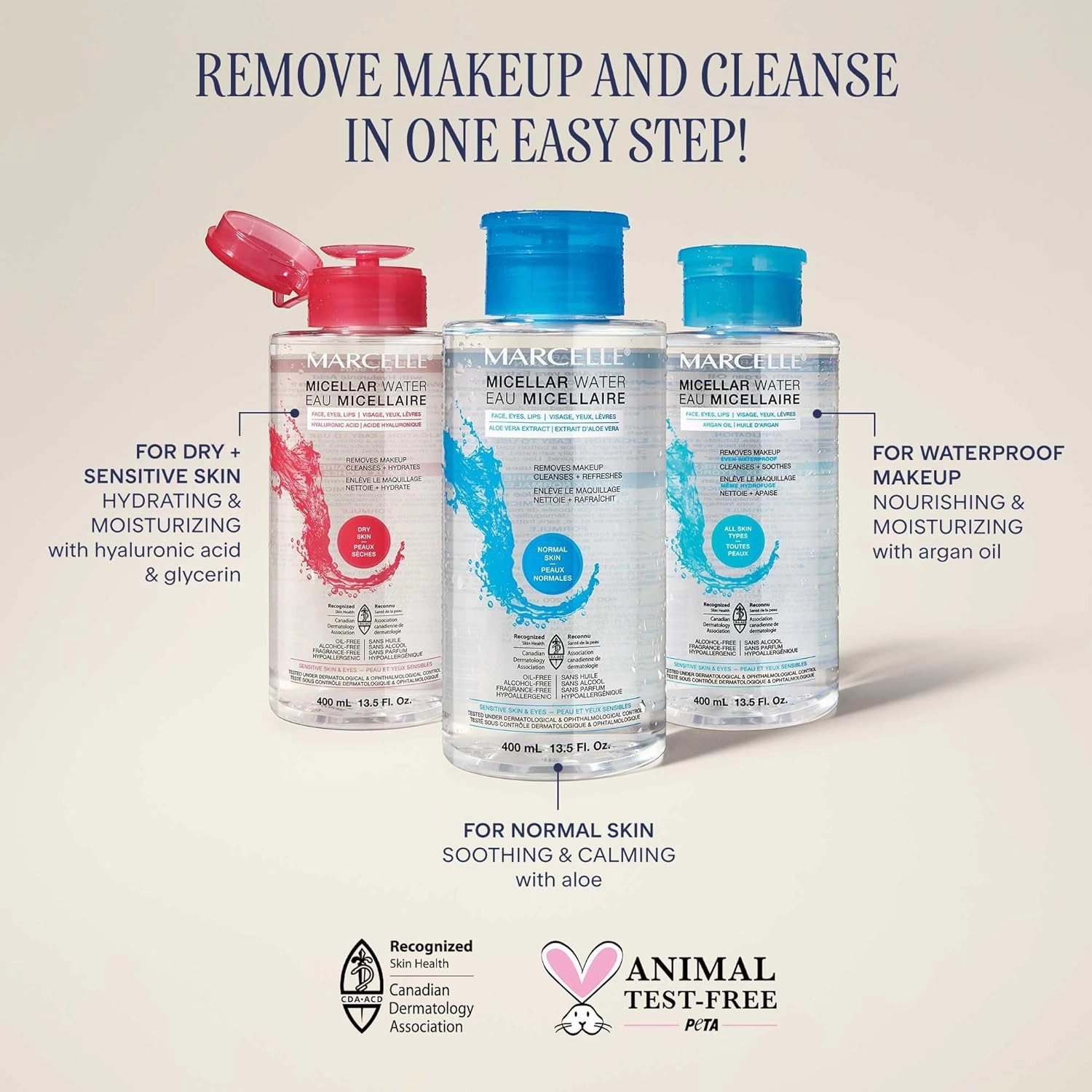 Marcelle Micellar Water, Dry Skin, Makeup Remover, Hyaluronic Acid, Sensitive Skin and Eyes, Oil-Free, Alcohol-Free, Fragrance-Free, Hypoallergenic, Cruelty-Free, 13.5 Fl. Oz.