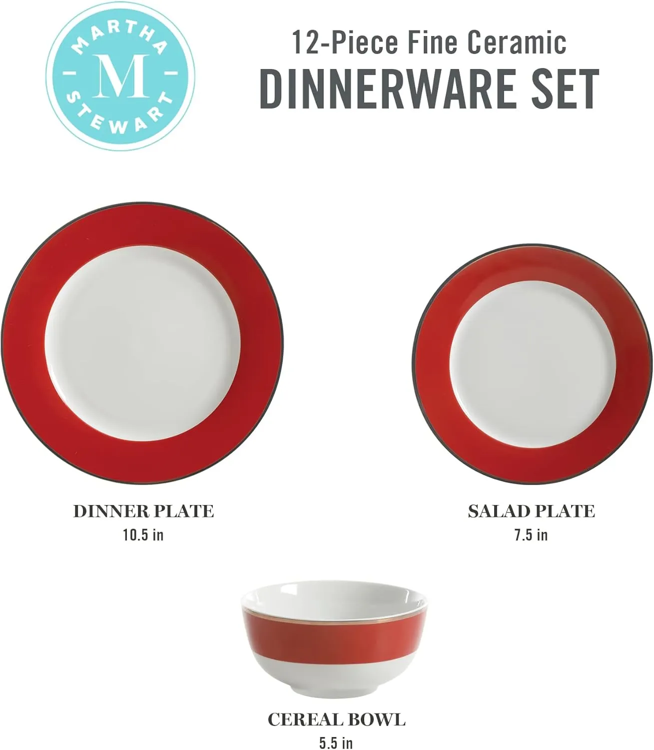 Martha Stewart Gracie Lane 12-Piece Porcelain Chip and Scratch Resistant Decorated Dinnerware Set - Redw/Gold Rim